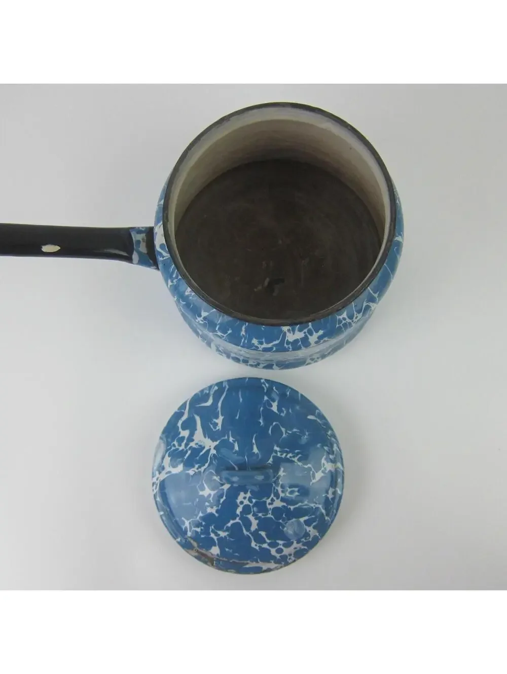 Antique Graniteware Enamelware Pot Blue & White Swirl with Lid Preserving Kettle - Picture 7 of 10
